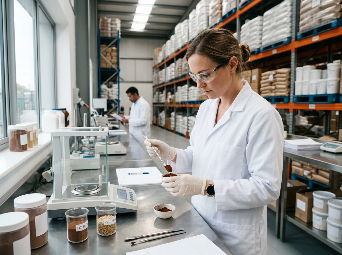 Quality assurance specialist inspecting food ingredient samples in modern distribution lab